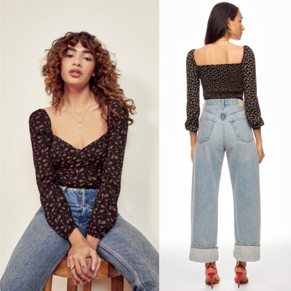 REFORMATION Rose Floral Puff Long Sleeve Sweetheart Neck Smocked Back Top‎ 14 - Picture 3 of 8